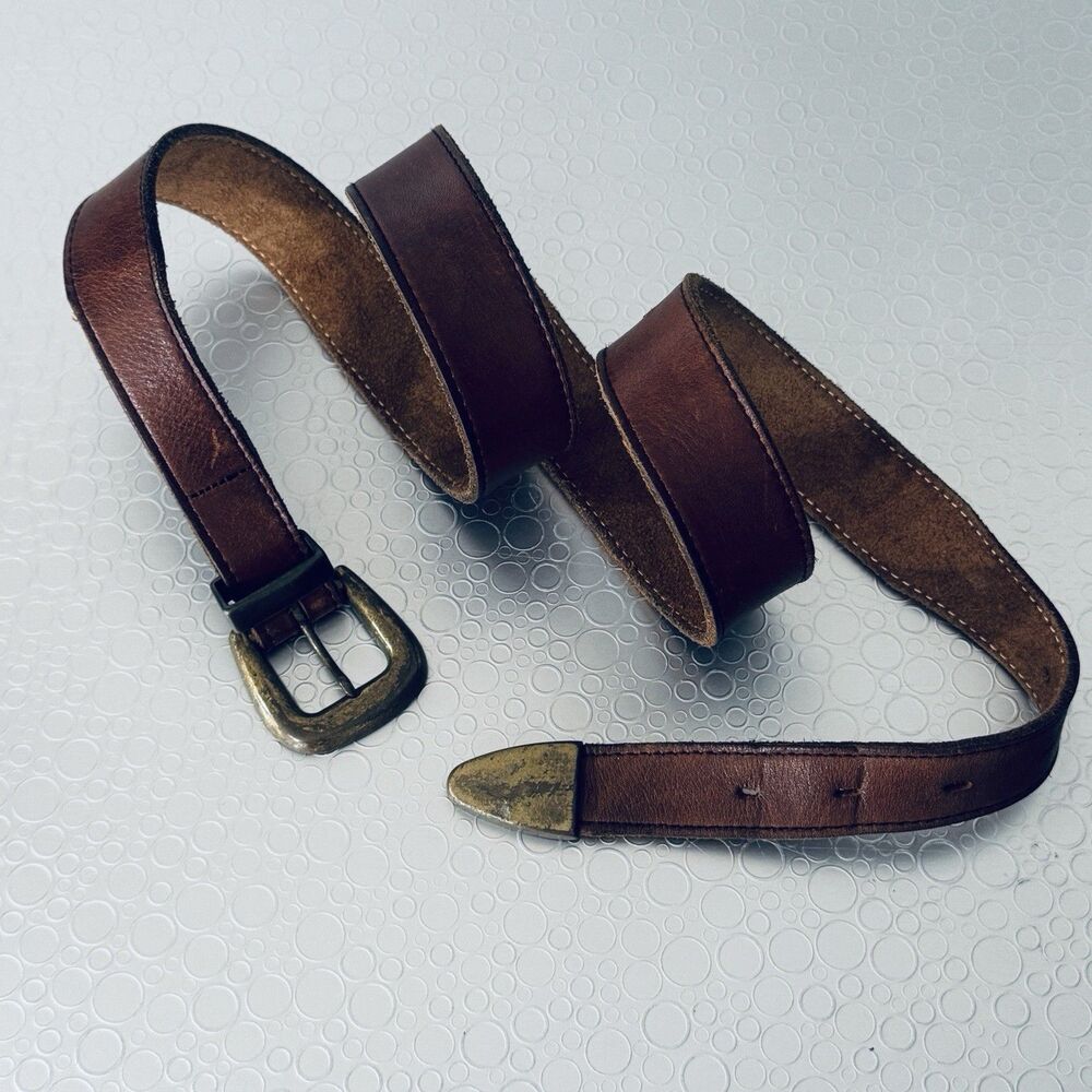 Vintage Cognac Brown Leather Western Belt 38 3-Pc Brass Buckle Tip Narrow Slim